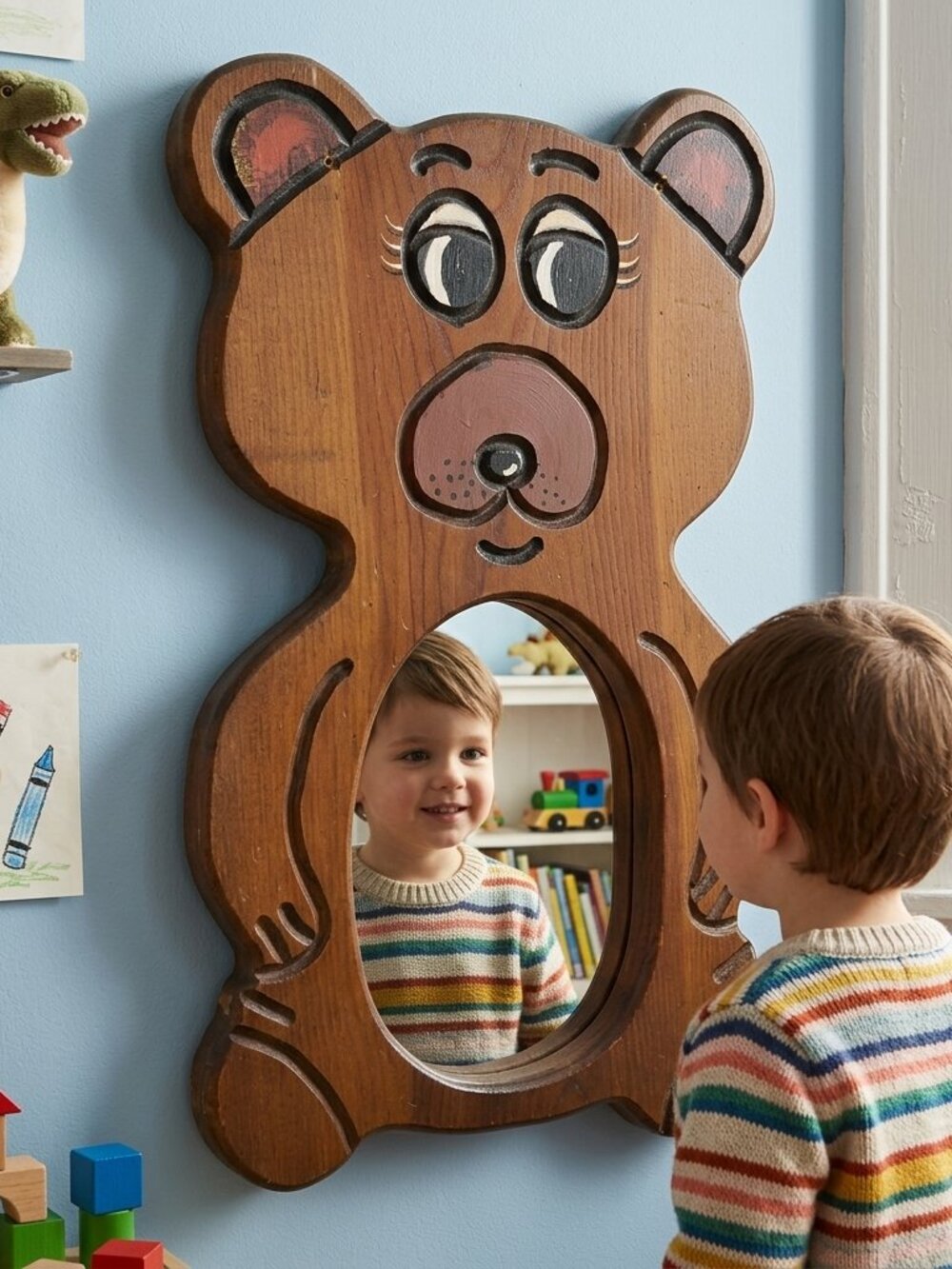 Vtg 1980s Hand Crafted Solid Wood Teddy Bear Mirror Dated 1981 Nursery Kids Room